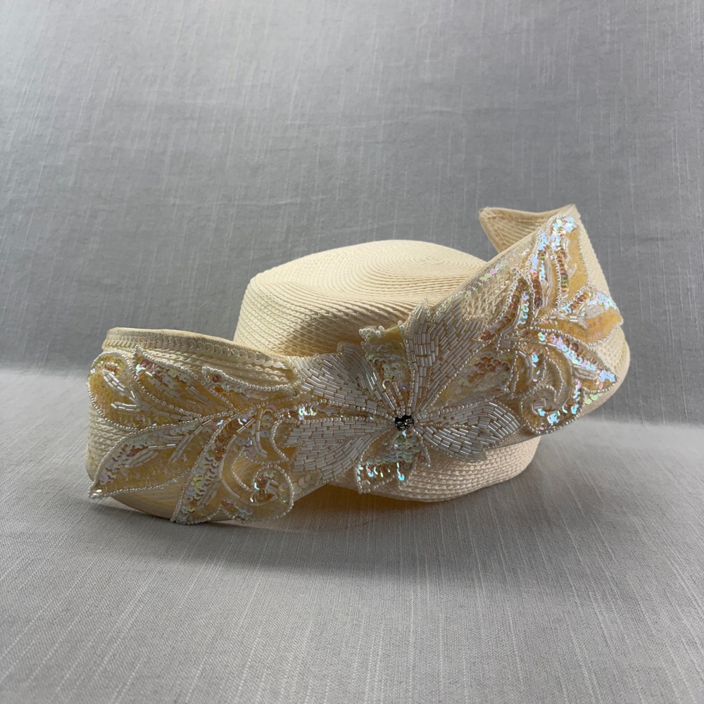 Deborah New York Pillbox Hat Women OS Vintage Cream Beaded Floral Sequin Church